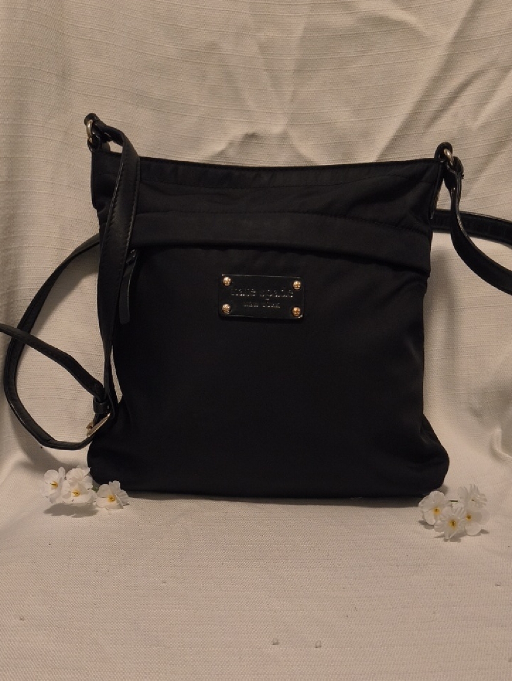 Kate Spade Black Nylon Crossbody with Gold Plaque
